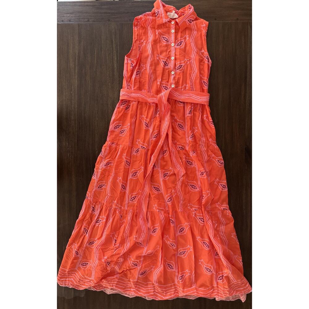 Omika Emeline Maxi Dress Womens Small Orange Vani Papaya Belted Shirt Tiered - Picture 3 of 14